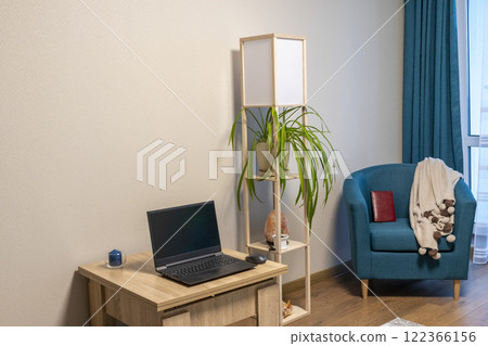 Close up of the cozy corner in the apartment with comfortable arm chair. Close up of the cozy corner in the apartment with comfortable arm chair. 122366156