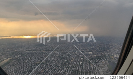 View of New York from an airplane. View from the porthole 122366434