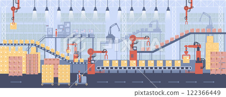 Controlling conveyor belt line, robotic hands, factory automation production, manufacturing process. Concept warehouse storage interior horizontal 122366449