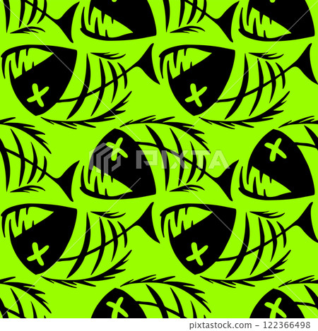 bright seamless pattern of black graphic fish skeletons on a green background, texture, design bright seamless pattern of black graphic fish skeletons on a green background, texture, design 122366498