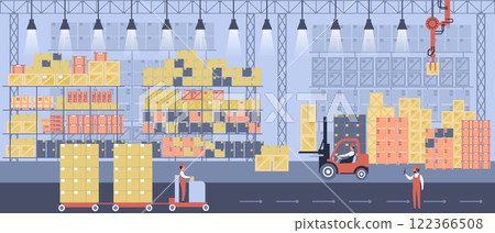 Warehouse Interior. Goods, Freight, Cargo on Shelf. Storage with Pallet, Container and Box. Professional Factory Worker Character in Overall Uniform Warehouse Interior. Goods, Freight, Cargo on Shelf. Storage with Pallet, Container and Box. Professional Factory Worker Character in Overall Uniform 122366508
