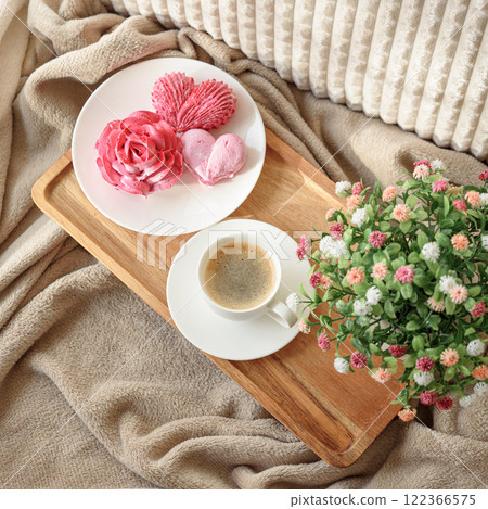 Cozy Valentine's Day Morning: coffee with rose and heart shape marshmallow Cozy Valentine's Day Morning: coffee with rose and heart shape marshmallow 122366575