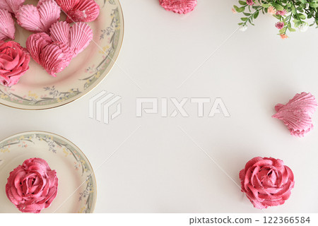 Romantic flat lay with rose and heart shape marshmallow. Valentine's Day celebration Romantic flat lay with rose and heart shape marshmallow. Valentine's Day celebration 122366584