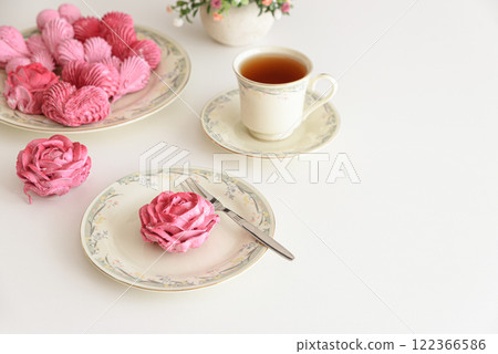 Romantic Tea Party with rose and heart shape marshmallow. Valentine's Day celebration Romantic Tea Party with rose and heart shape marshmallow. Valentine's Day celebration 122366586