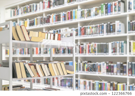 A library shelf holds various books in multiple colors and sizes, rows of organized books in background A library shelf holds various books in multiple colors and sizes, rows of organized books in background 122366766