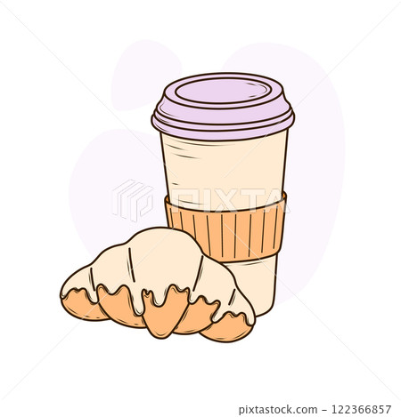 The light cream disposable paper coffee cup with lavender lid and an orange sleeve around it for heat protection. Next to it is a croissant with a cream glaze on top. Vector illustration in a simple 122366857