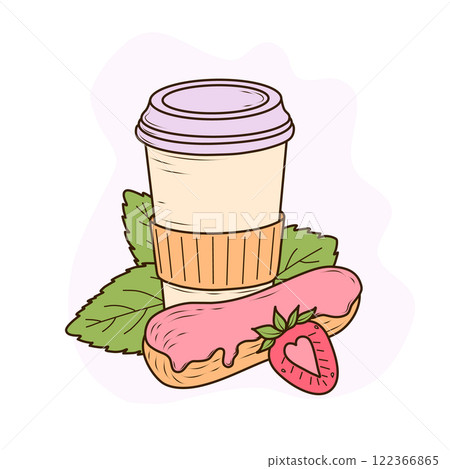 A paper takeaway coffee cup with a lavender lid and orange sleeve, next to it an eclair with pink icing and fresh strawberries. The composition is complemented by green mint leaves and a soft purple A paper takeaway coffee cup with a lavender lid and orange sleeve, next to it an eclair with pink icing and fresh strawberries. The composition is complemented by green mint leaves and a soft purple 122366865