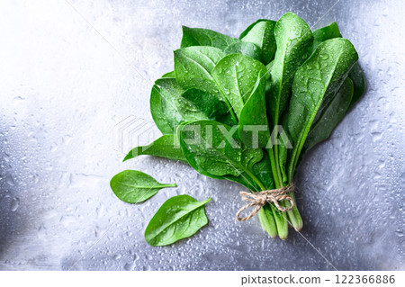 Bunch of fresh green spinach on metal baking tray 122366886