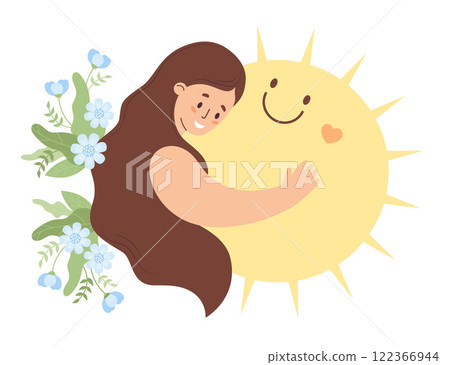 Happy woman with long hair with smiling sun and bouquets of flowers. Positive portrait female character. Vector illustration 122366944