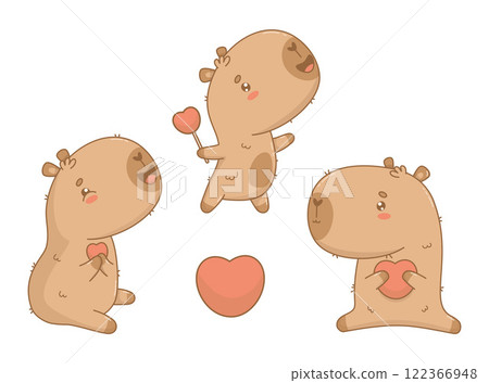 Cute romantic cartoon Capybara with heart collection. isolated enamored kawaii character on white background. Vector illustration. Holiday Valentine animal 122366948