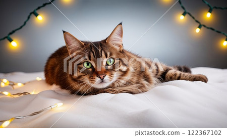 A tabby cat with striking green eyes relaxes on a plush blanket, illuminated by soft, twinkling fairy lights that create a serene atmosphere. 122367102