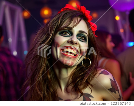 A woman dressed as a zombie with dramatic makeup and a red ribbon in her hair, perfect for a spooky Halloween party. High quality illustration A woman dressed as a zombie with dramatic makeup and a red ribbon in her hair, perfect for a spooky Halloween party. High quality illustration 122367143