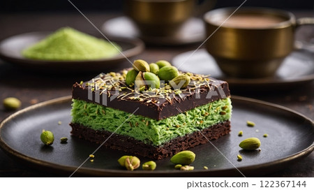 Pistachio Chocolate Cake with Elegant Garnish . High quality illustration Pistachio Chocolate Cake with Elegant Garnish . High quality illustration 122367144