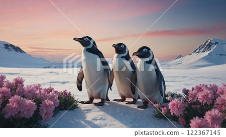 Three penguins are positioned among vibrant pink flowers on a snowy terrain while a stunning sunset casts colorful hues across the sky, creating a tranquil polar scene. Three penguins are positioned among vibrant pink flowers on a snowy terrain while a stunning sunset casts colorful hues across the sky, creating a tranquil polar scene. 122367145