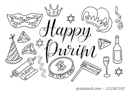 Doodle outline Purim illustration with masks 122367207