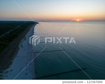 Aerial view Sunset at the beach of Zingst, Darss, Germany 122367800