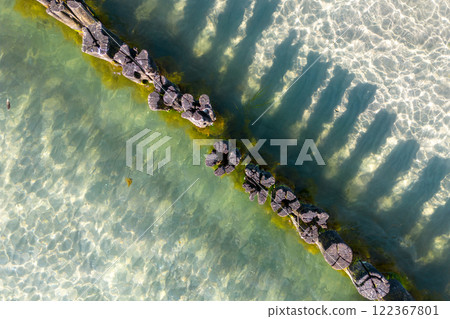 Groynes on the beach at Zingst, Mecklenburg-West Pomerania, Germany 122367801