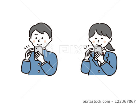 Male and female students operating smartphones Male and female students operating smartphones 122367867