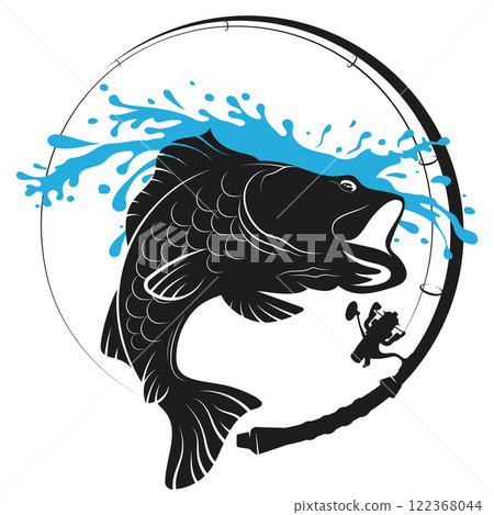 Fish on the waves and fishing rod symbol for fishing 122368044