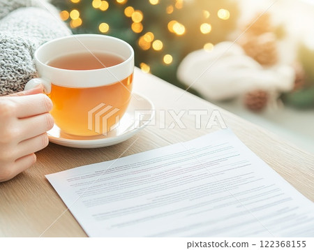 A cup of tea and a person holding a book, with warm bokeh lights in the background, creating a cozy atmosphere for reading and relaxation 122368155
