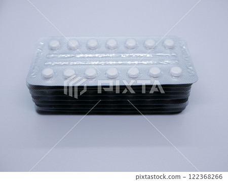 Stack of pill tablets blister packs on white background top view with copy space. Medicine, pharmacology and healthcare concept Stack of pill tablets blister packs on white background top view with copy space. Medicine, pharmacology and healthcare concept 122368266