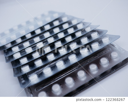 Blister packs of pills tablets on a white background. Medicine, pharmacology and healthcare concept 122368267