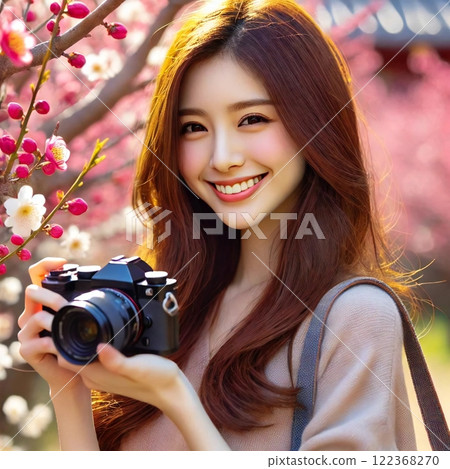 A woman holding a camera under a blooming plum tree, enjoying the spring scenery, drawn by a generator 122368270