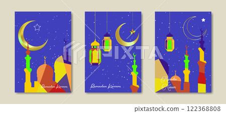 Ramadan Kareem 2025 vector set colorful card. Gold half moon on starry background. Modern holiday poster, islamic symbol mosque, lanterns. Muslim religion banner, flyer, party invitation, sale shop 122368808