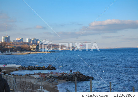 Odessa Bay of the Black Sea. Beautiful coastline of Odessa, on the left is Dolphin beach and weather station, in the center is the port and dolphinarium, on the right is the village of Kotovsky. 122368809