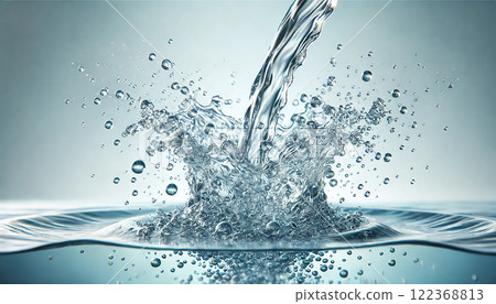 A realistic illustration of the moment when clear water flows in with force and splashes across the water. 122368813