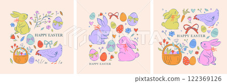 Easter design, hand drawn sweet illustrations of bunnies, eggs, bows, flowers and basket in vintage Easter design, hand drawn sweet illustrations of bunnies, eggs, bows, flowers and basket in vintage 122369126