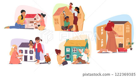 Cute little girl, bother and sister siblings, mother and daughter playing with doll house at home 122369385