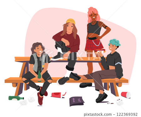 Group of hipster teenage friends eating junk food drinking unhealthy beverages on urban street 122369392