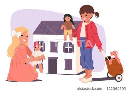 Happy little girls friends playing dolls and dollhouse at home or in kindergarten cartoon scene 122369393