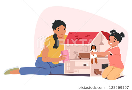 Happy mother and daughter playing with doll house spending fun time together at home scene Happy mother and daughter playing with doll house spending fun time together at home scene 122369397