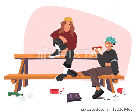 Hipster girls group of teenagers eating junk food sitting on park bench littering city streets 122369402