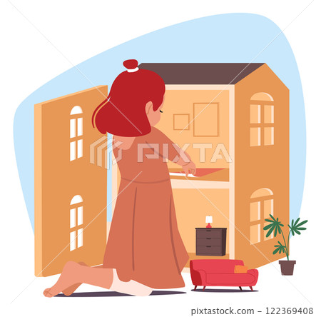 Little girl playing with doll house creating cozy home apartment design interior from toy furniture 122369408