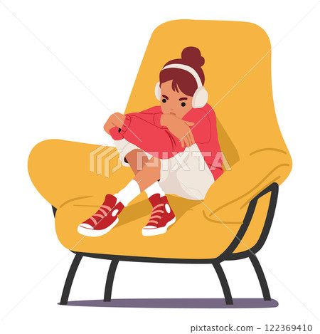 Punished teenage girl character wearing headphones feeling frustrated and angry sitting in armchair Punished teenage girl character wearing headphones feeling frustrated and angry sitting in armchair 122369410