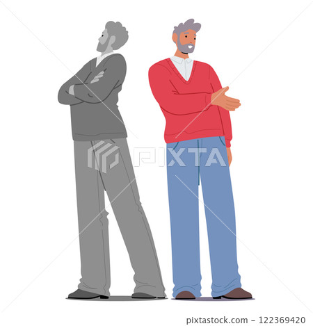 Senior man character hiding unwillingness to communicate negative emotions under friendliness 122369420