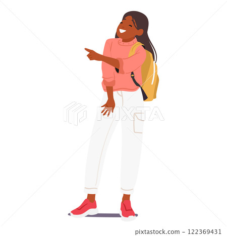 Pretty teenage girl student cartoon character wearing trendy outfit laughing loudly standing 122369431