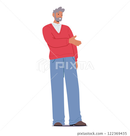 Senior man cartoon character offers hand to handshake showcasing greeting gesture or deal agreement Senior man cartoon character offers hand to handshake showcasing greeting gesture or deal agreement 122369435