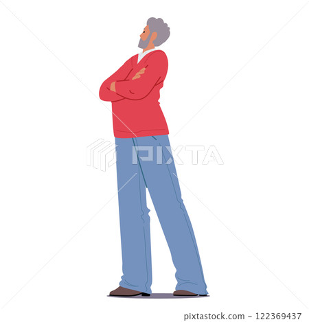 Senior man cartoon character standing with hands crossed on chest showcasing emotion of ignoring Senior man cartoon character standing with hands crossed on chest showcasing emotion of ignoring 122369437