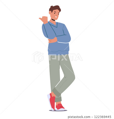 Furious man cartoon character gesturing go away gesture pointing back with thumb standing isolated 122369445