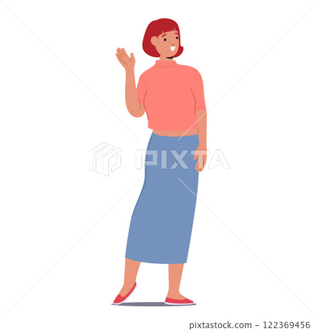Young woman cartoon character gesturing greeting hand sign waving arm with friendly smile on face Young woman cartoon character gesturing greeting hand sign waving arm with friendly smile on face 122369456