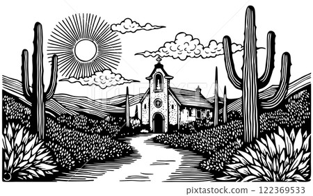 Landscape with cacti, church and sun. Brazilian northeast cordel illustration. Woodcut style. Black and white vector 122369533