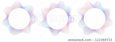Round sound wave frames, circular lines pattern, radial curvy shapes, geometric concentric design. 122369715