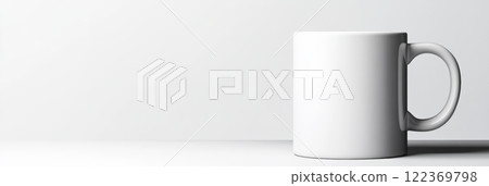 White mug standing on white surface with white background creates a clean and minimalist aesthetic perfect for showcasing designs and branding 122369798