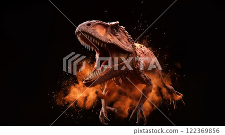 Tyrannosaurus rex roaring fiercely amidst a fiery backdrop in a dramatic display of strength 122369856