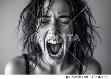 Dramatic black and white portrait of screaming woman with emotional expression 122369915