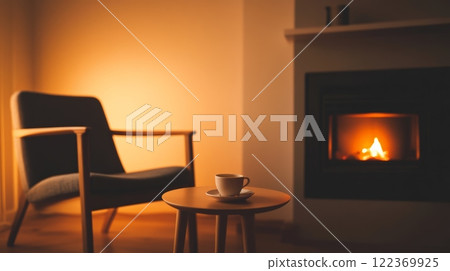 Warm fire burning in modern fireplace in cozy living room illuminated by firelight with coffee cup on small table and comfortable armchair providing relaxing atmosphere 122369925